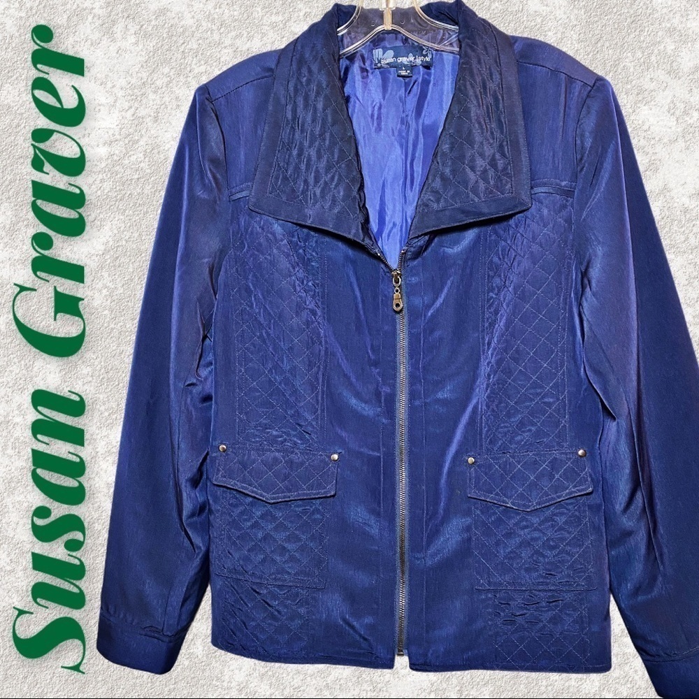 SUSAN GRAVER Navy Blue Quilted Full Zip Windbreaker Jacket, Size Large‎